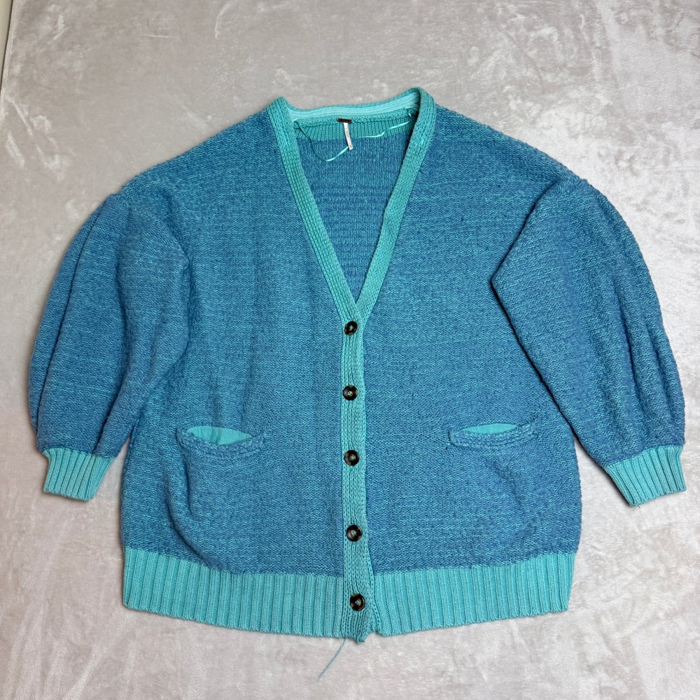 Free People Cardigan Sweater Women XL Blue Turquoise Wool Alpaca Oversized Boho